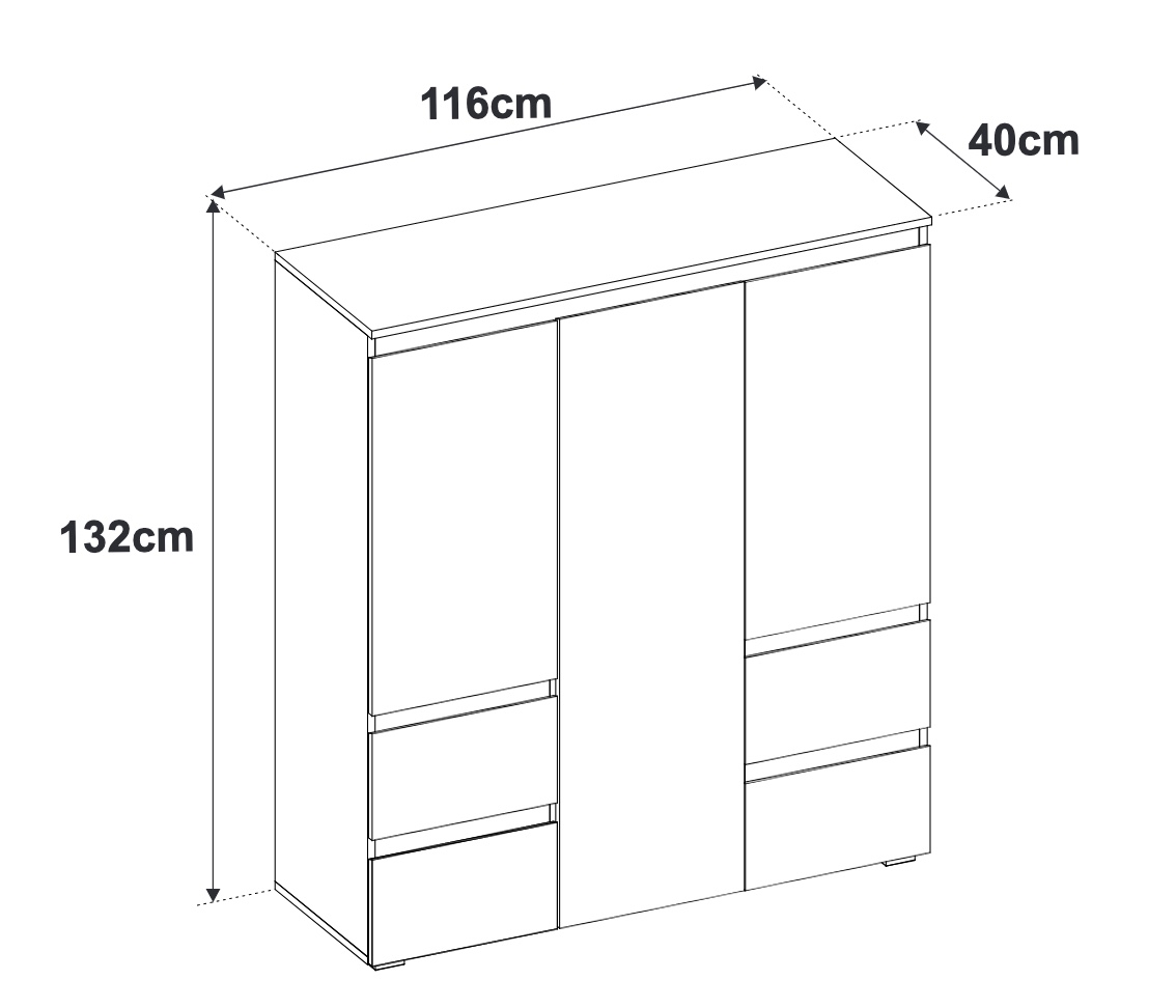 Madia alta composta da 3 ante e 4 cassetti, Bianca opaca
