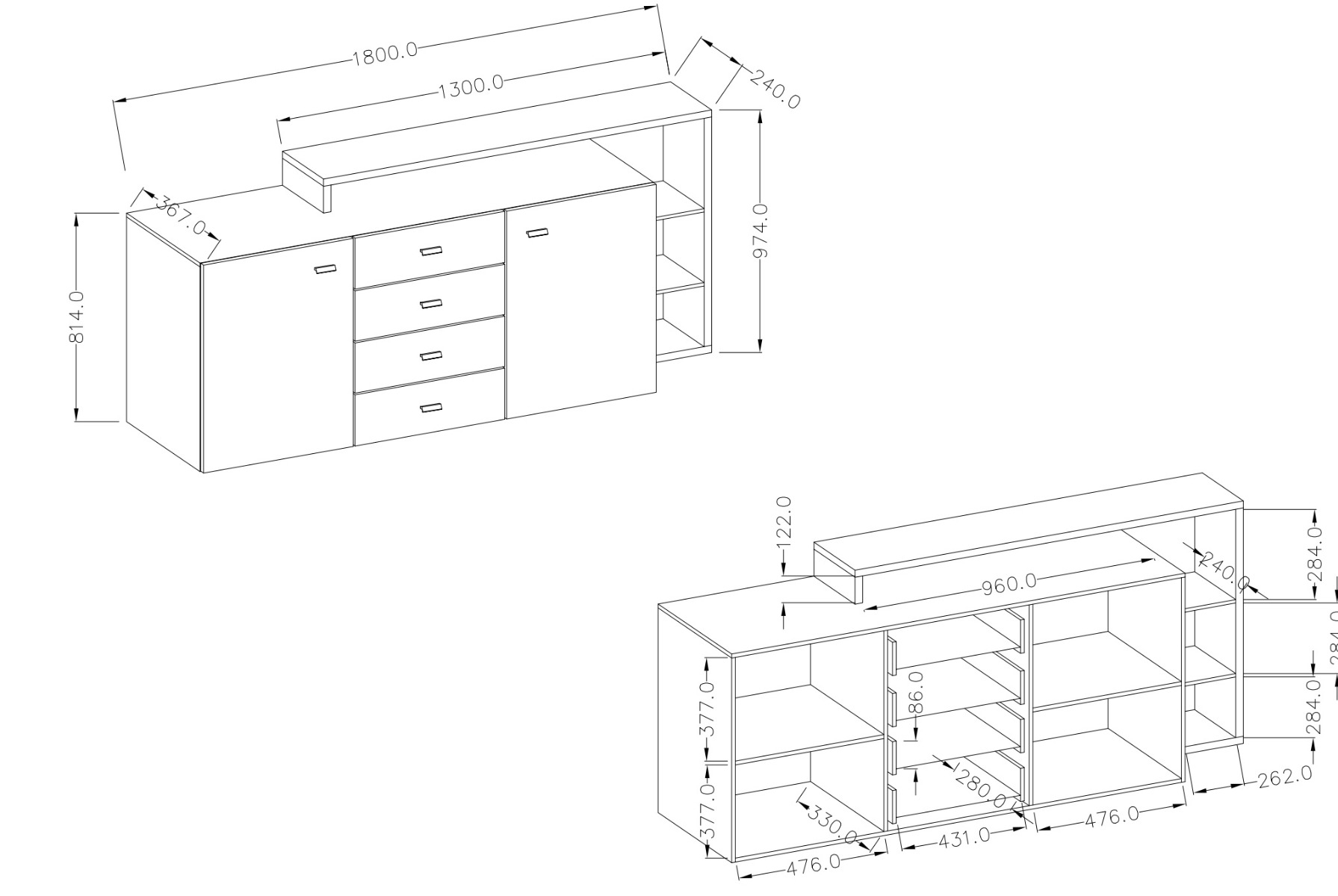  Credenza multiuso 2 ante e 4 cassetti, noce e antracite spatolato
