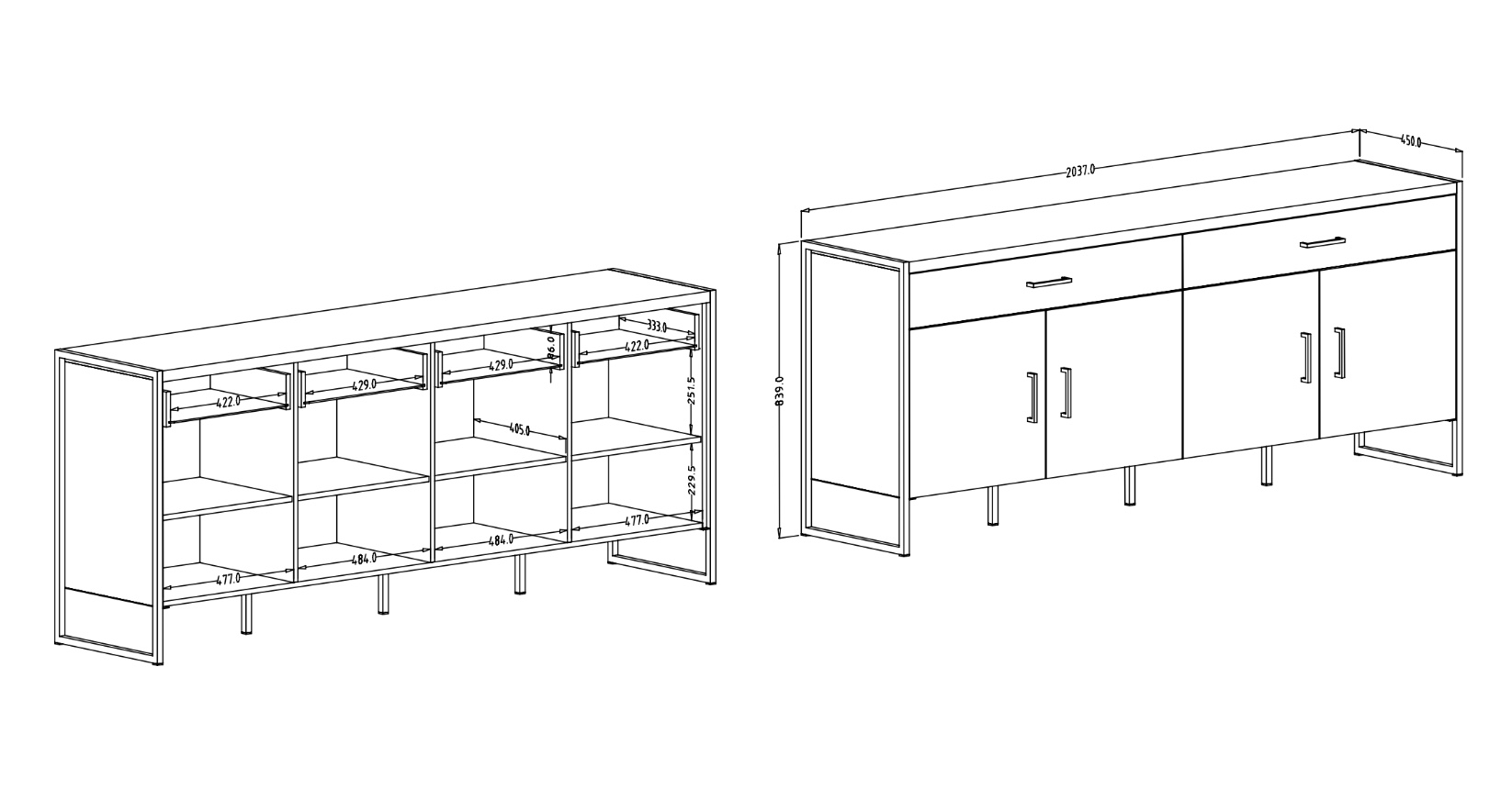 Credenza 4 ante 2 cassetti legno invecchiato e metallo nero 