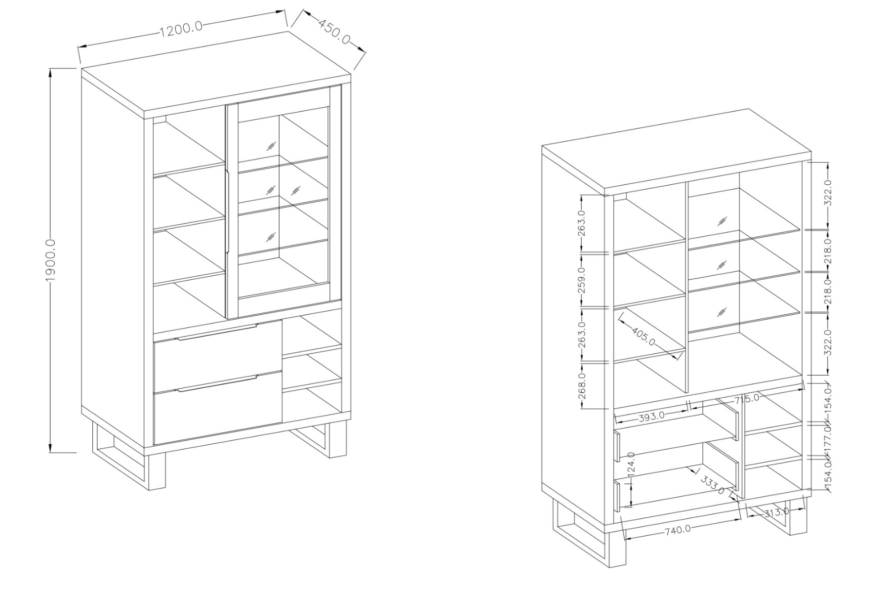 Vetrina moderna 1 anta 2 cassetti, finitura quercia e metallo nero 