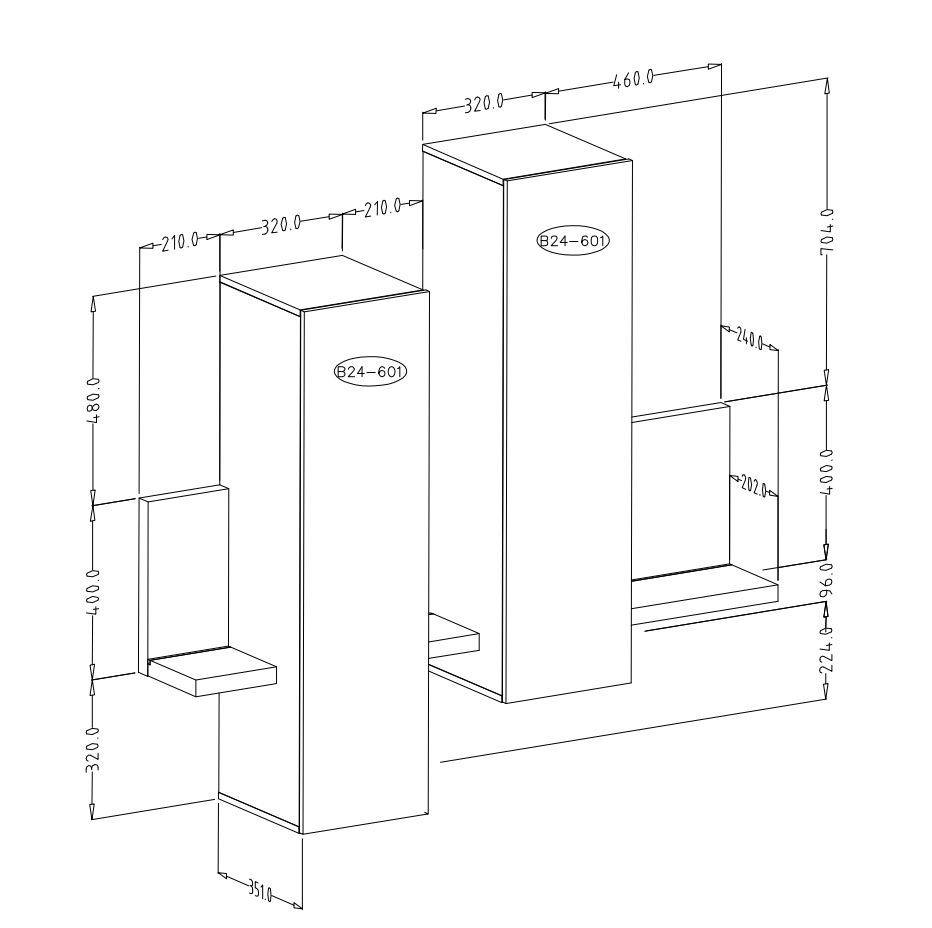 Modulo porta oggetti nero opaco, formato da una mensola e 2 pensili verticali