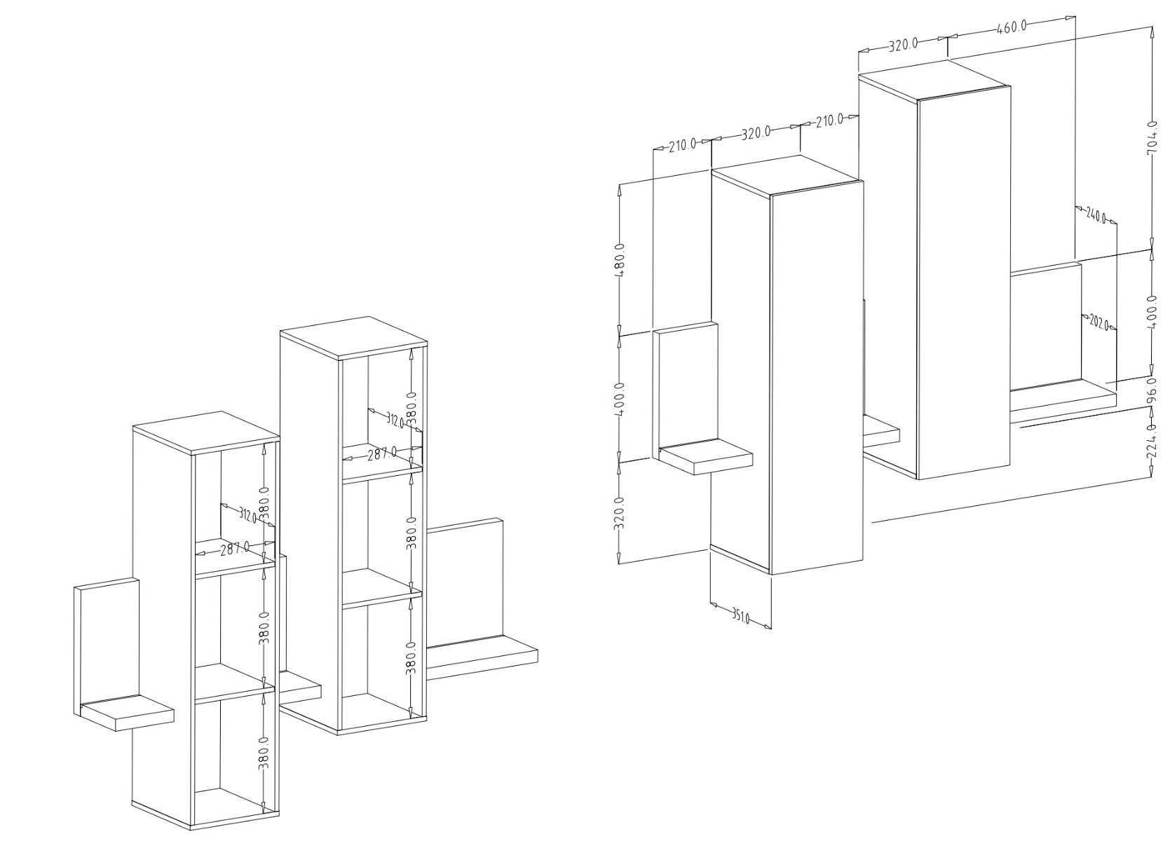 Modulo porta oggetti nero opaco, formato da una mensola e 2 pensili verticali