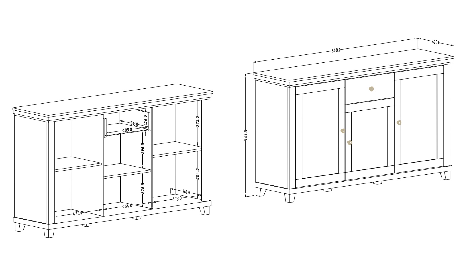 Madia 3 ante e 1 cassetto, finitura verde scuro e quercia