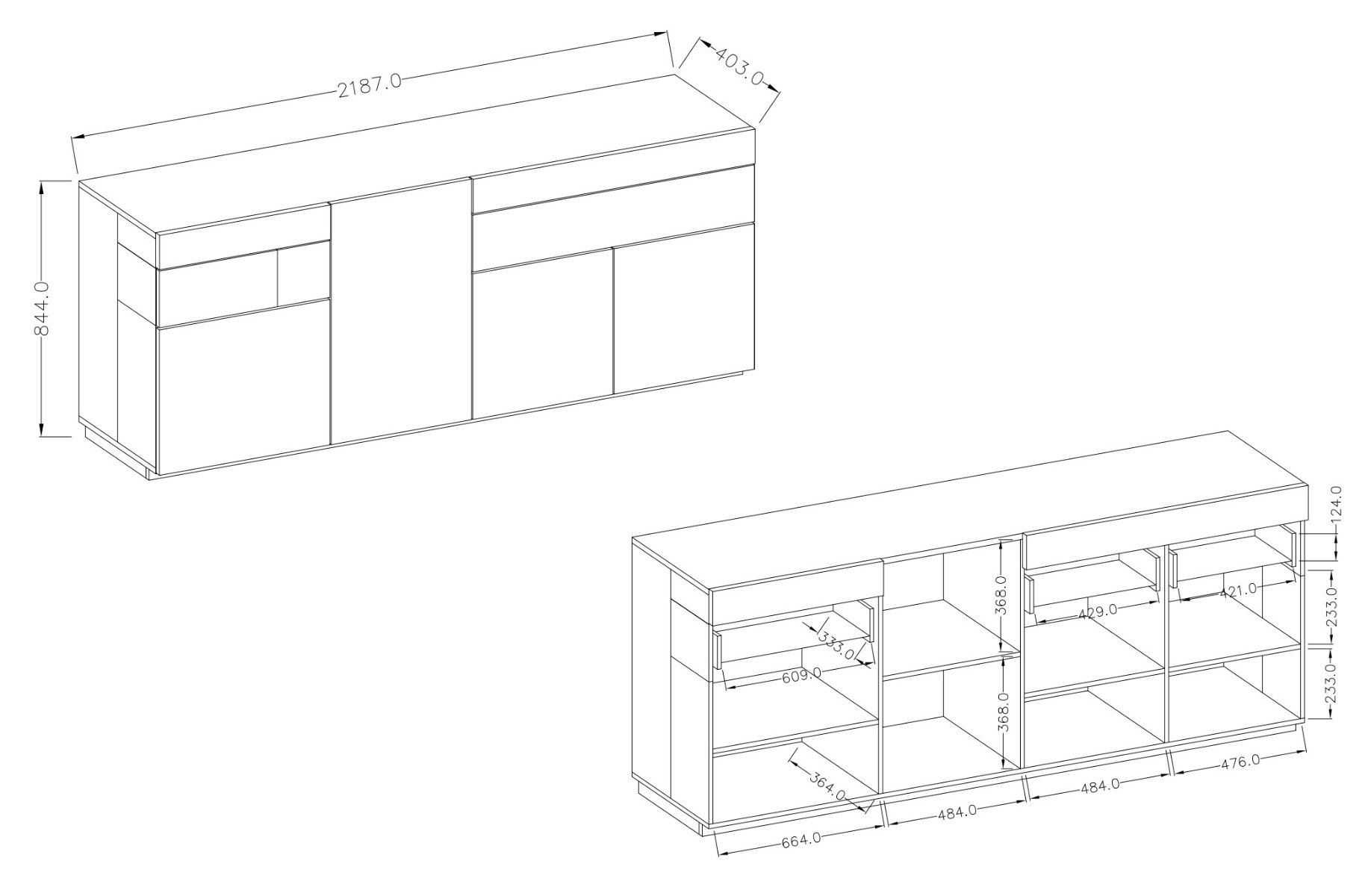 Credenza moderna antracite e rovere naturale, 4 ante e 2 cassetti 