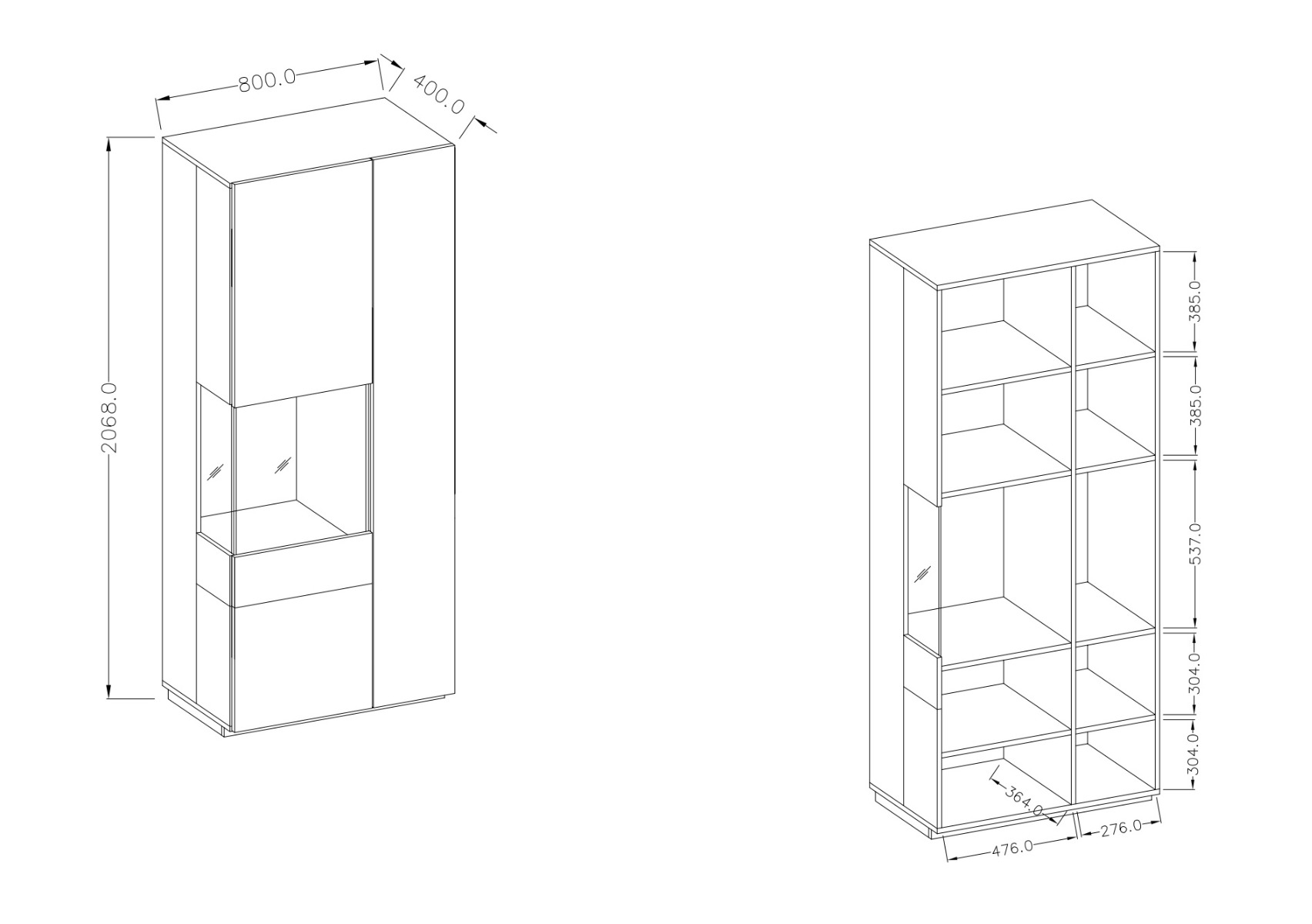 Vetrina moderna, colonna a 2 ante, altezza 207 cm