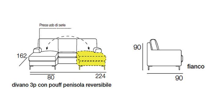 Divano Tor a 3 posti con penisola e presa USB integrata, tessuto Grigio con bordino Azzurro