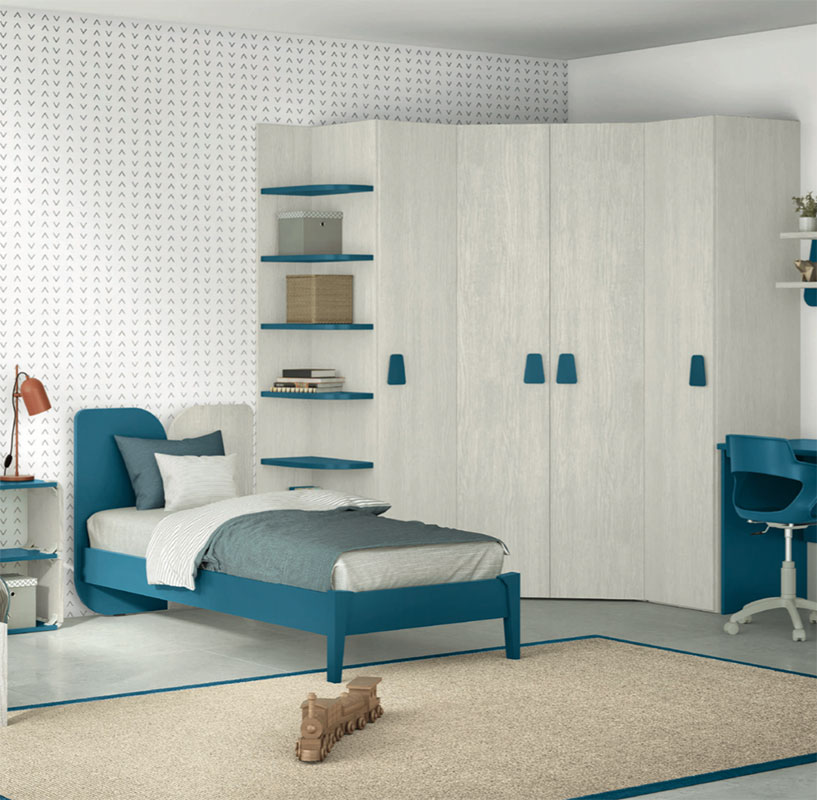 Armadio ad angolo per camerette in finitura Rovere gesso e Blu egeo