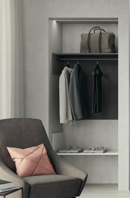 Cabina aperta per ingressi  in finitura Cemento Artico e Grigio titanio