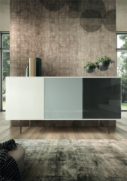 Soggiorno Boomerang con parete e madia  in finitura Frassinato bianco, Rovere nordico, Vetro grigio e Vetro antracite