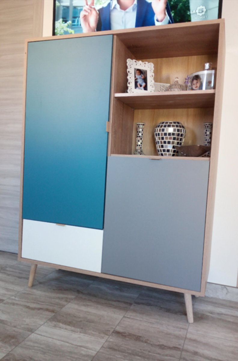  Madia Alta stile nordico 2 ante 1 cassetto, finitura Quercia, Bianca, Petrolio e Grigia