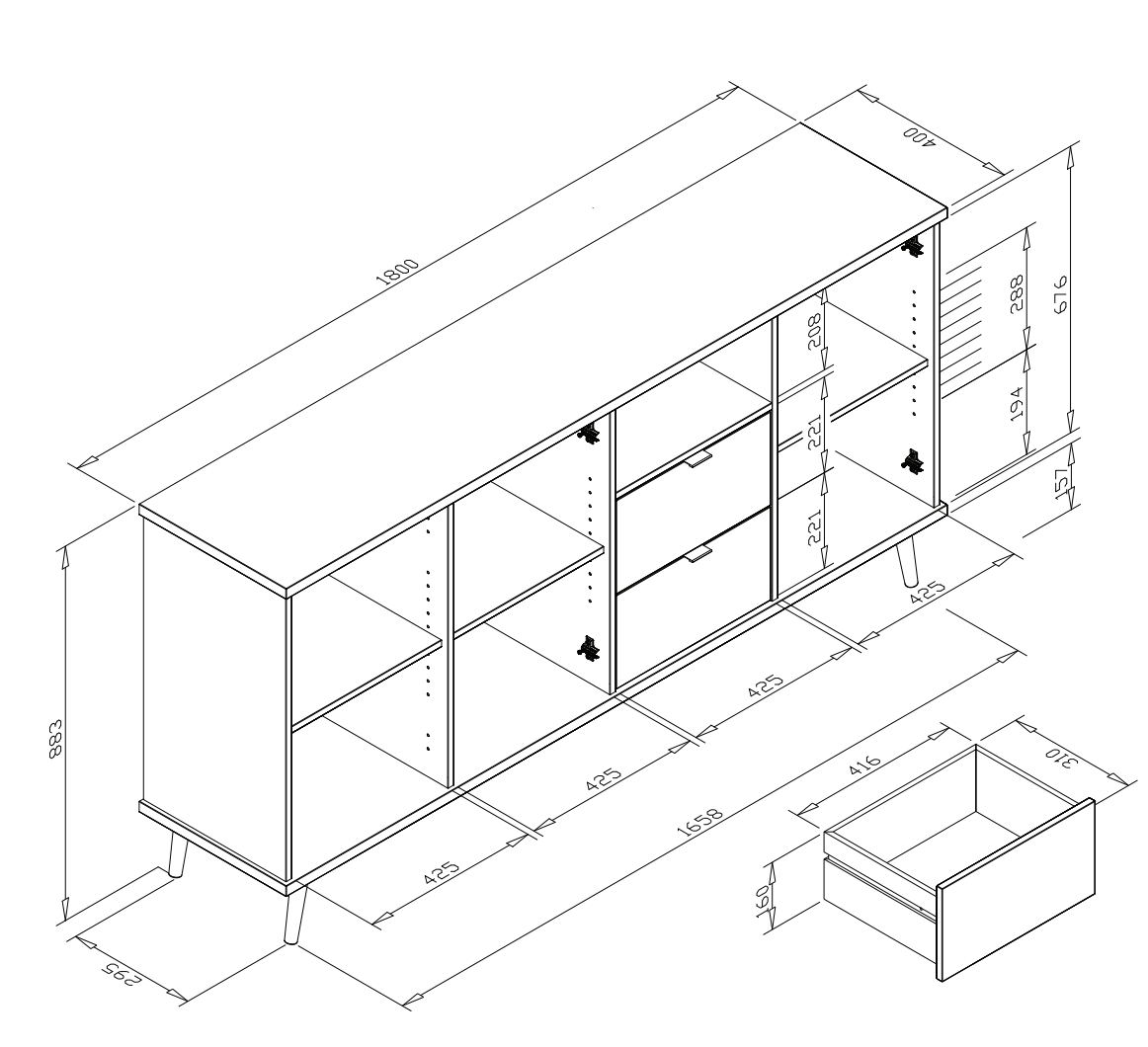 Madia Rosvik con 3 ante e 2 cassetti in finitura Grigio Seta, Grigio Perla e Antracite