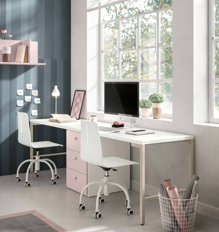 Scrivania doppia per camerette con piana Bianca e Cassettiera Rosa confetto Zenzero Shop
