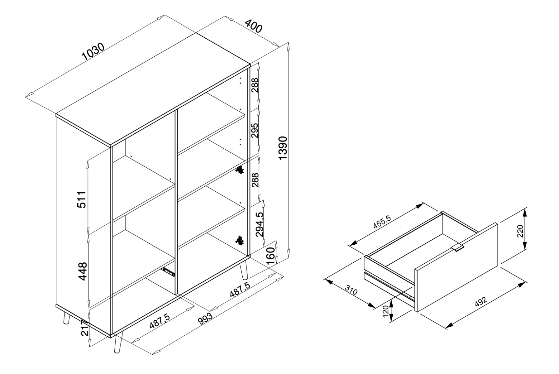  Madia Alta stile nordico 2 ante 1 cassetto, finitura Quercia, Bianca, Petrolio e Grigia
