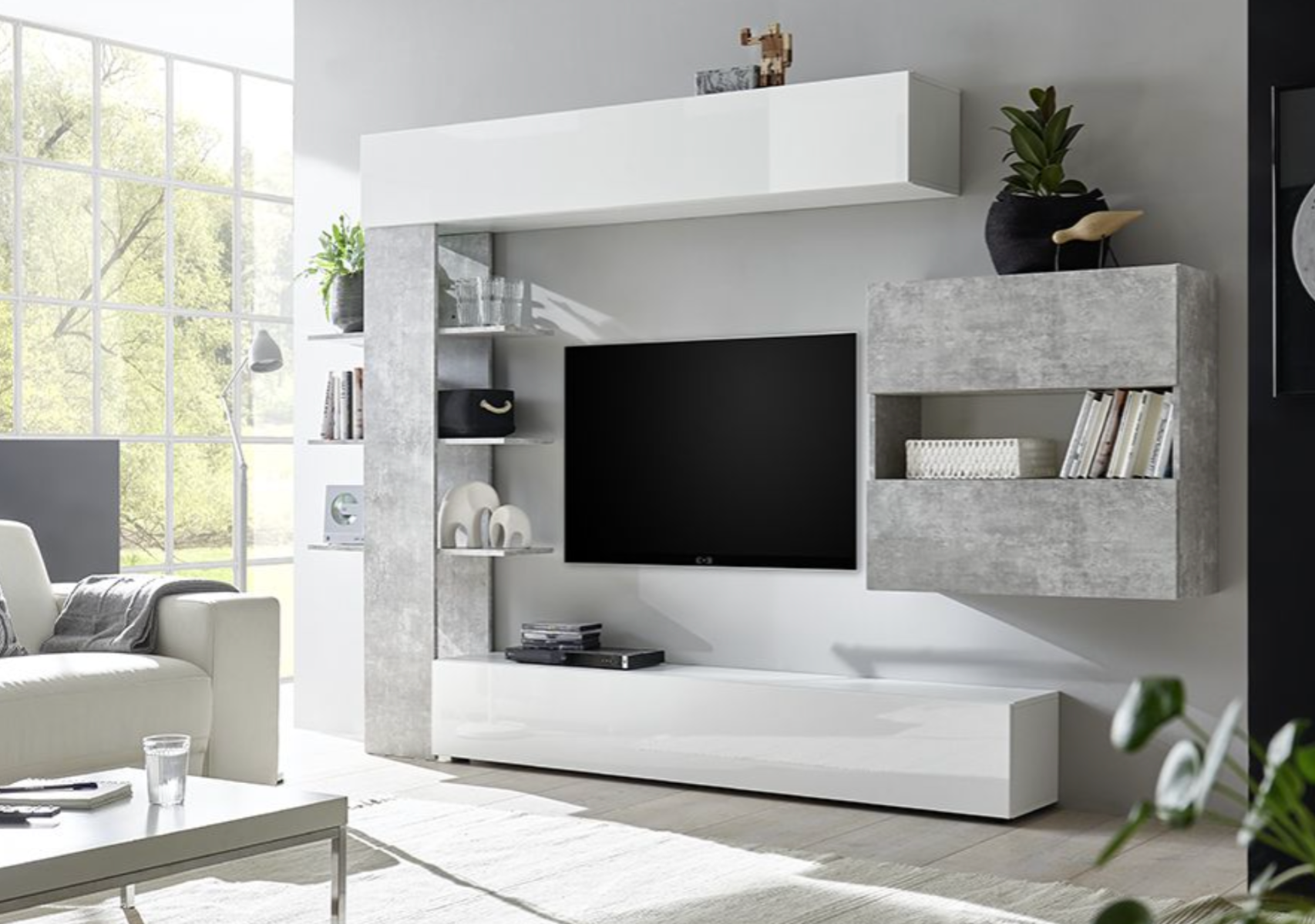 Parete attrezzata economica, Bianco Laccato Lucido e Beton