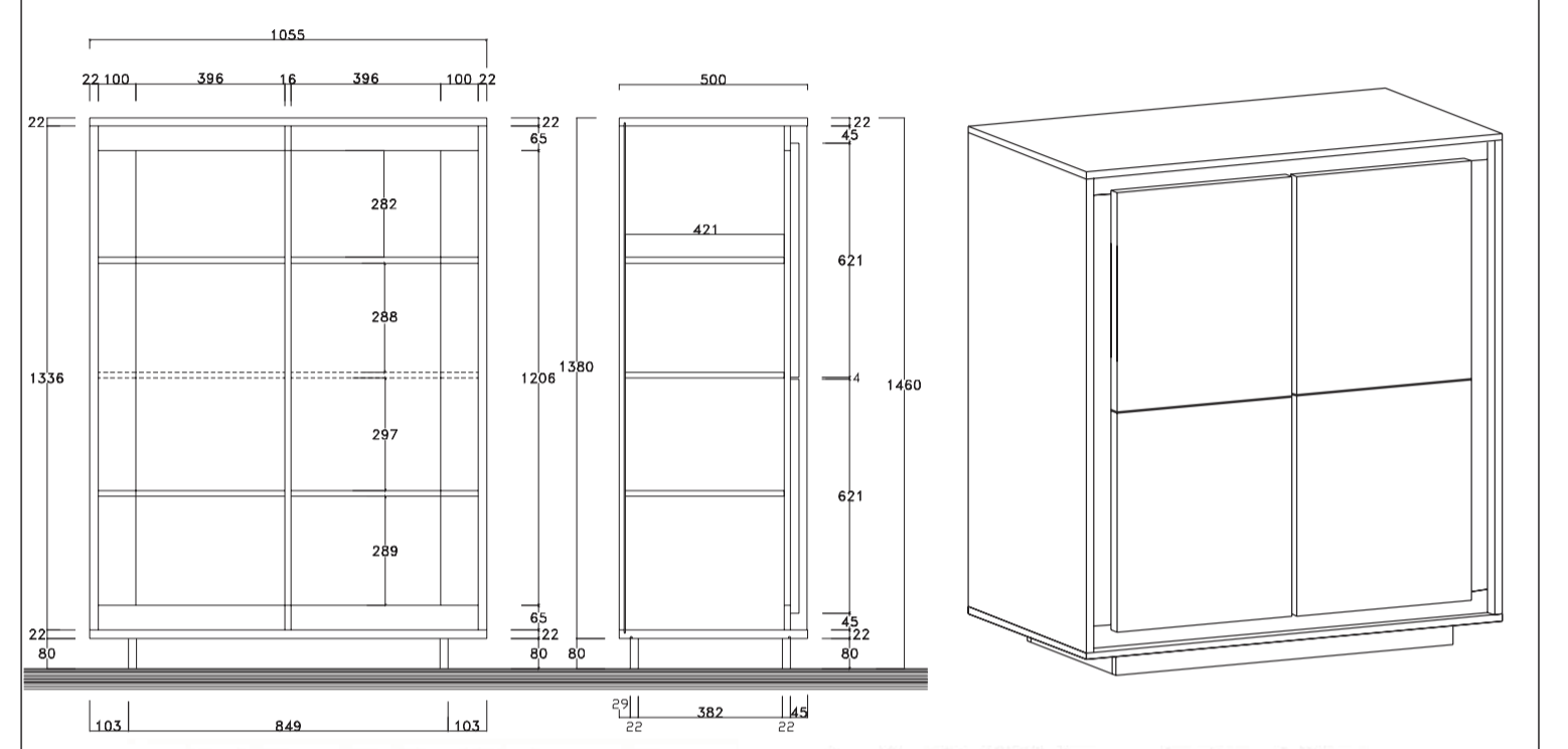 Credenza Moderna, Madia di Design, 4 ante Alta, Bianco opaco con frontali Beton