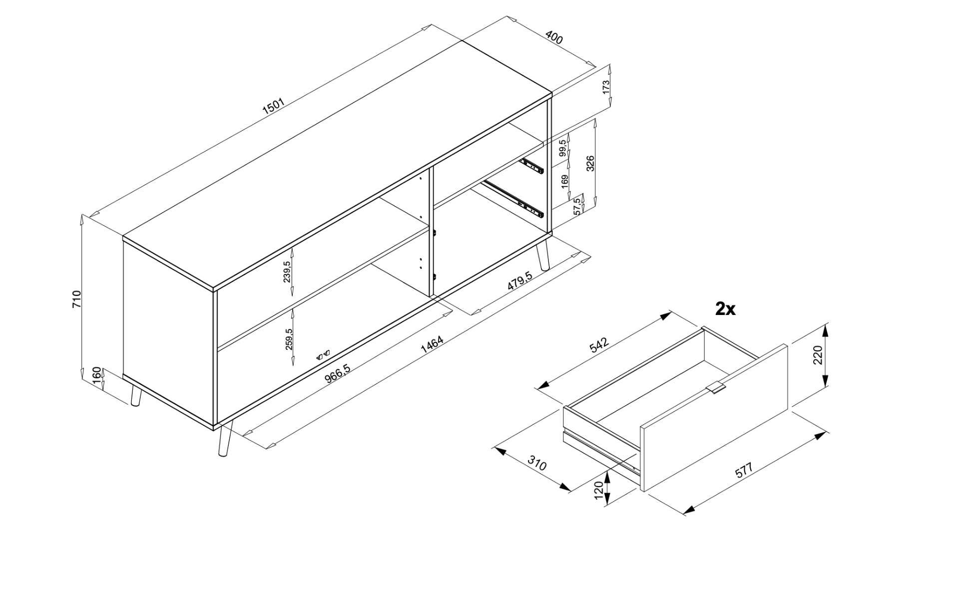 Madia stile nordico Lavik con 2 ante e 2 cassetti, gambe in legno