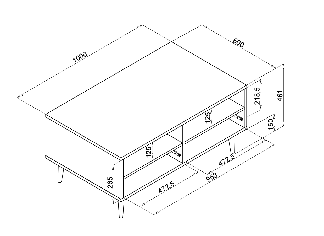 Tavolino Lavik con gambe in legno, 2 cassetti, finitura Quercia, Bianca, Petrolio e Grigia