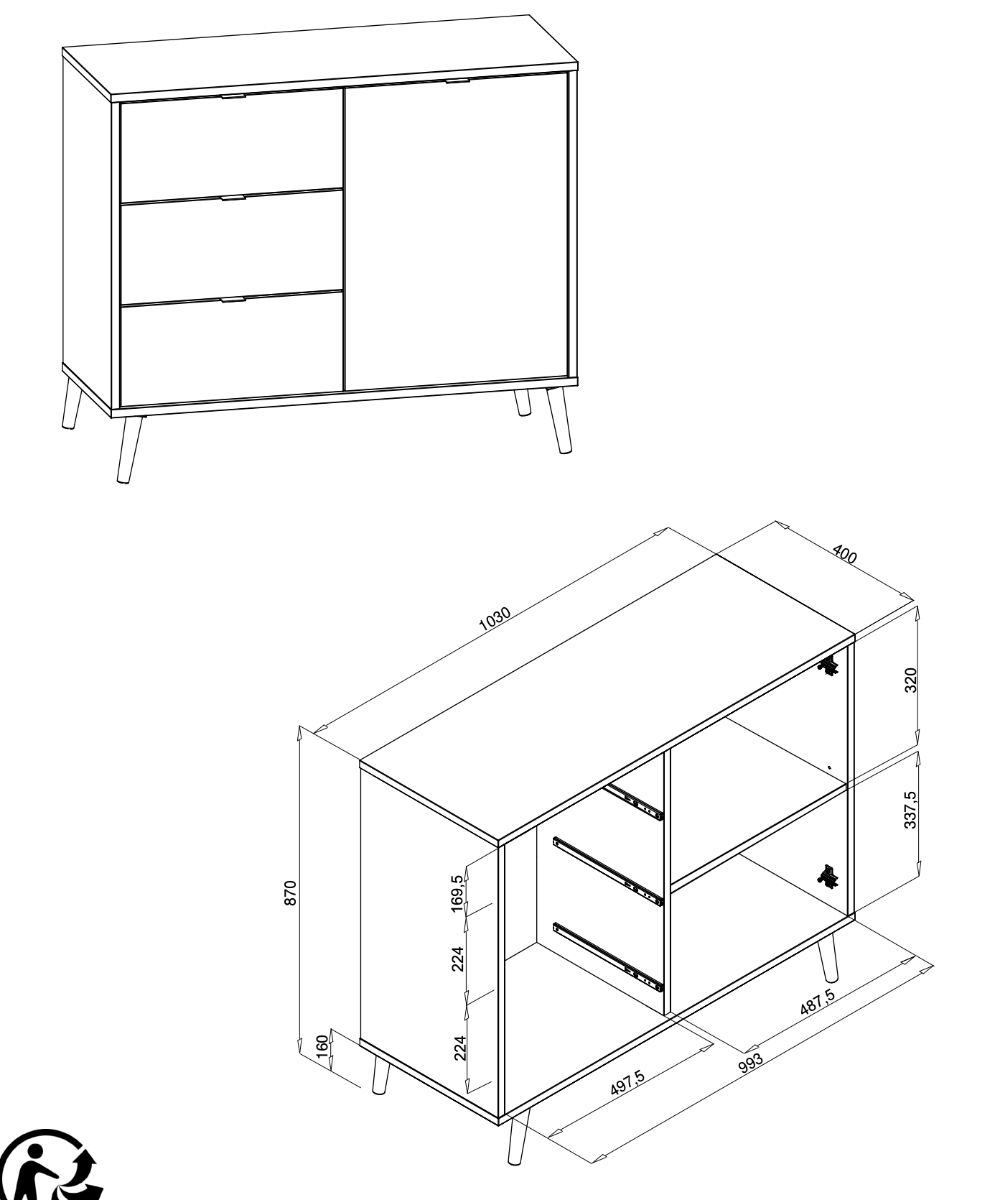 Credenza Madia di design con gambe in legno, 1 anta 3 cassetti, finitura Quercia, Bianca, Petrolio e Grigia