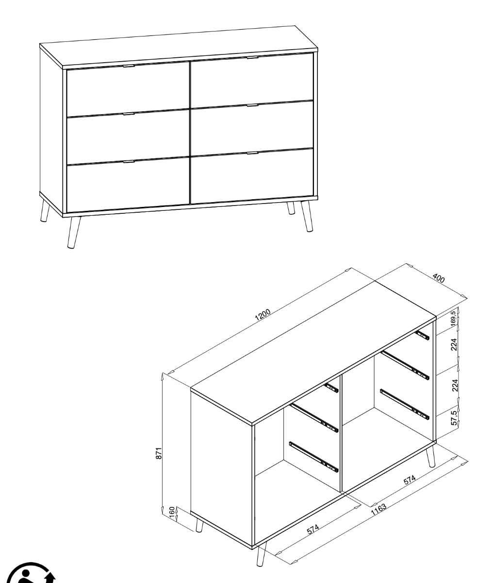 Madia lavik stile nordico con gambe in legno a 6 cassetti