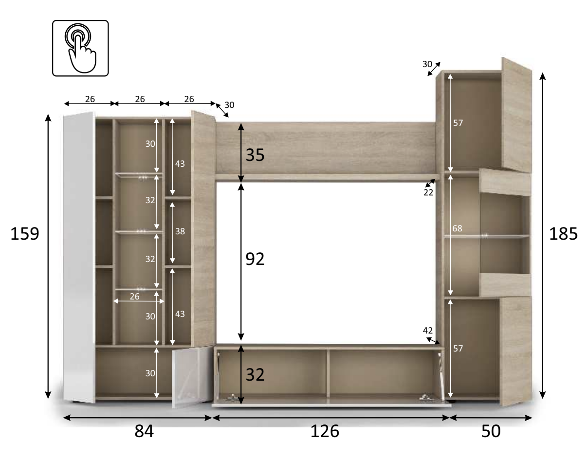 Parete attrezzata bianco lucido e quercia con led inclusi