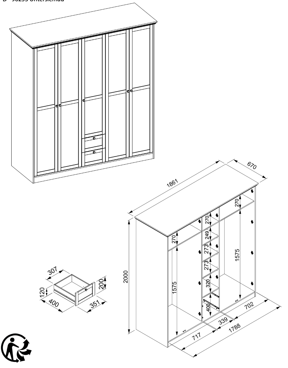 Armadio battente di design con 5 ante e 2 cassetti, finitura bianca Zenzero Shop
