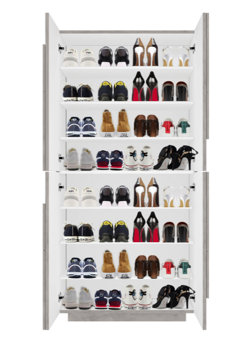 Scarpiera a 4 ante con disegni geometrici in finitura Beton