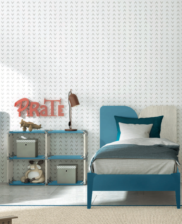 Letto singolo con testata bicolore in finitura Cadaques e Rovere gesso