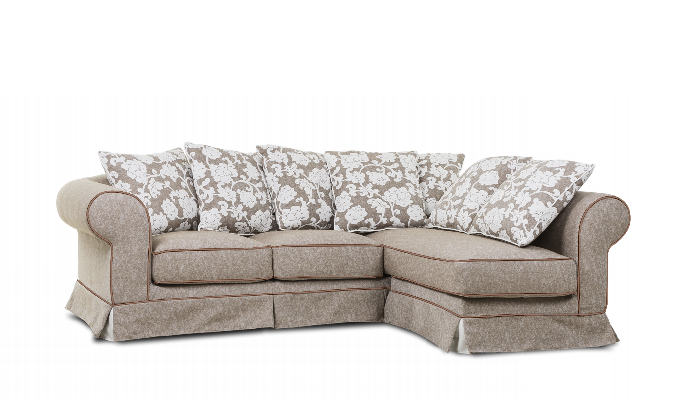 Divano moderno Nanga a 4 posti angolare,  color avorio e bordini castagno, made in Italy