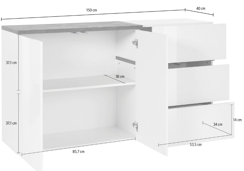 Madia moderna con 2 ante e 3 cassetti in finitura Bianco lucido e Pero