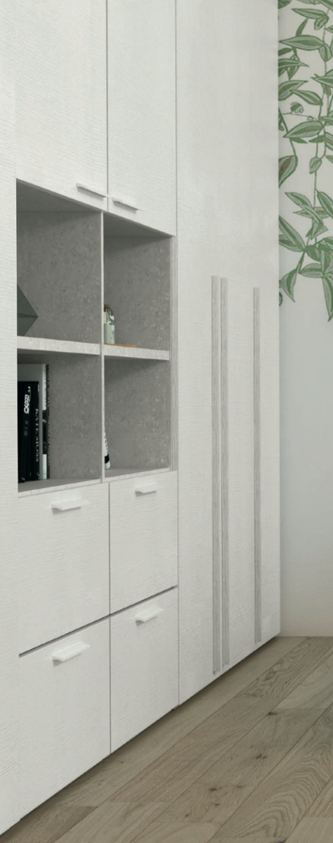 Armadio con 7 ante battenti e 4 cassetti in finitura Rovere bianco