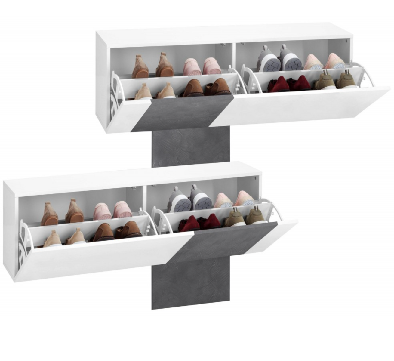 Scarpiera doppia, design orizzontale e moderno, finitura Bianco Lucido e Ardesia