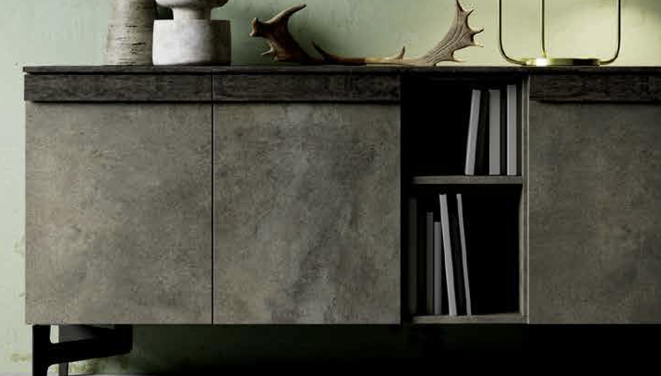 Madia moderna con 3 ante e un vano a giorno in finitura Legno bruciato e Ardesia chiara