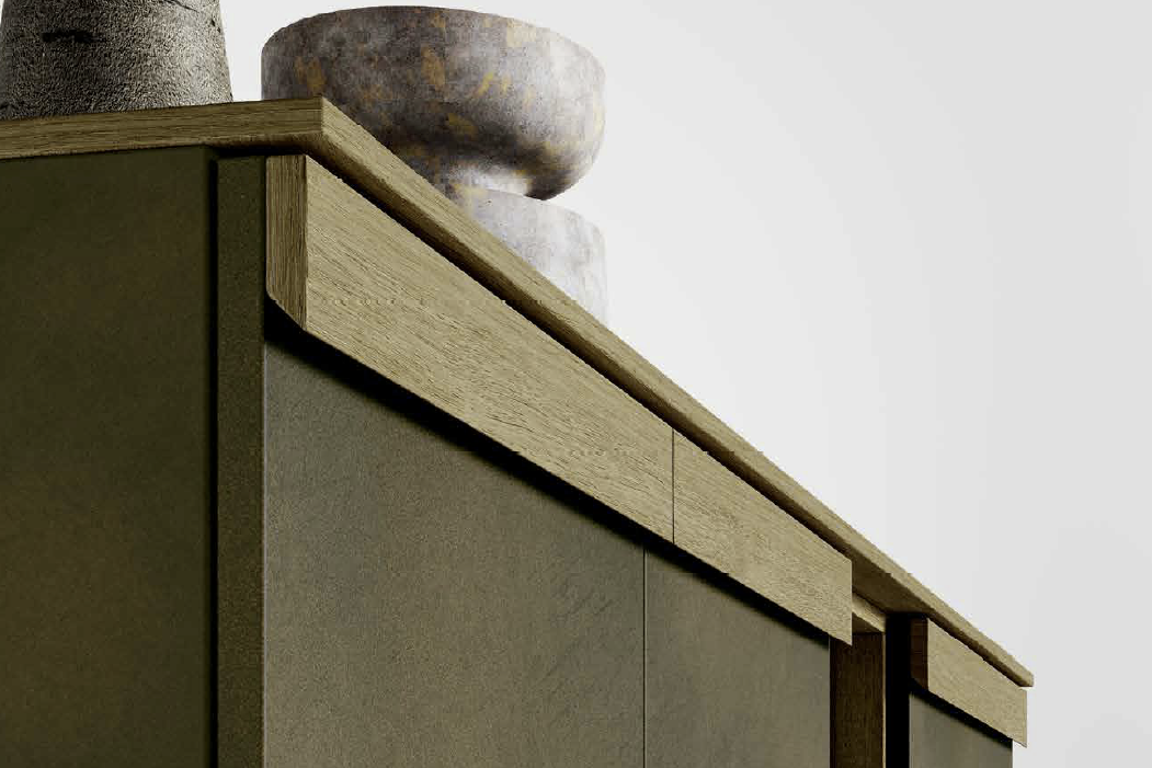 Madia moderna con 3 ante e un vano a giorno in finitura Legno bruciato e Ardesia chiara