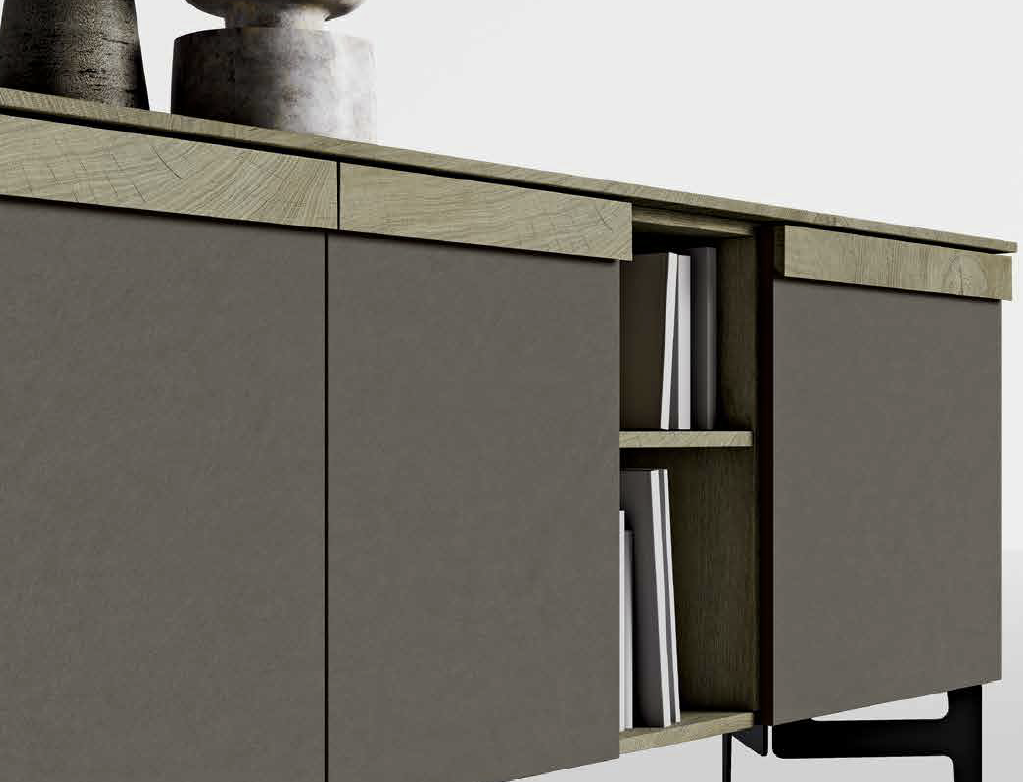 Madia moderna con 3 ante e un vano a giorno in finitura Legno bruciato e Ardesia chiara