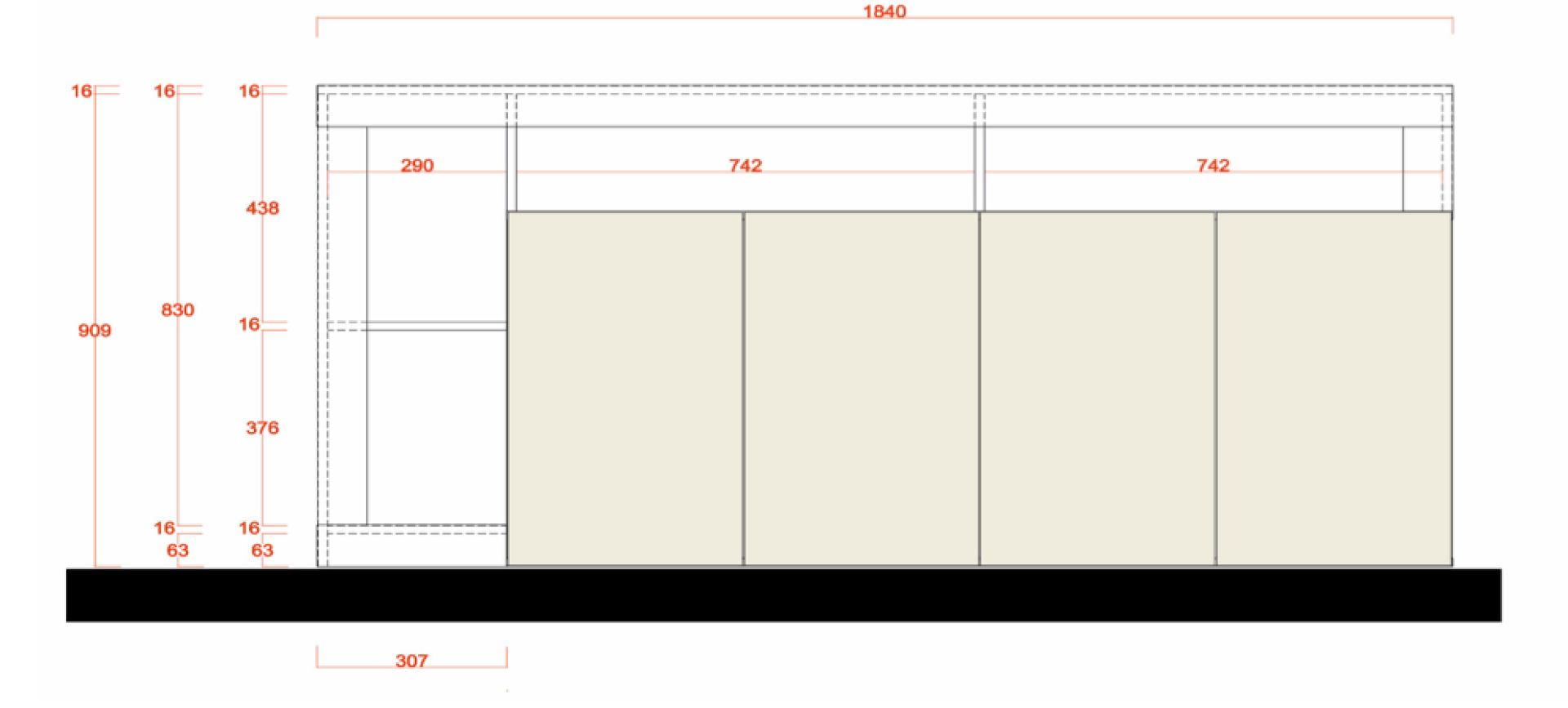 Credenza Madia a 4 ante con un ripiano in finitura bianco laccato lucido e Cemento