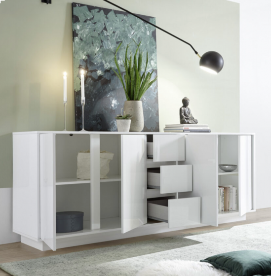 Credenza in offerta, madia moderna 4 ante 3 cassetti bianco e olmo