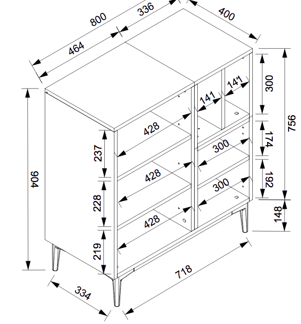Madia moderna Glesborg con 2 ante e un vano a giorno in finitura Rovere e Nero carbone