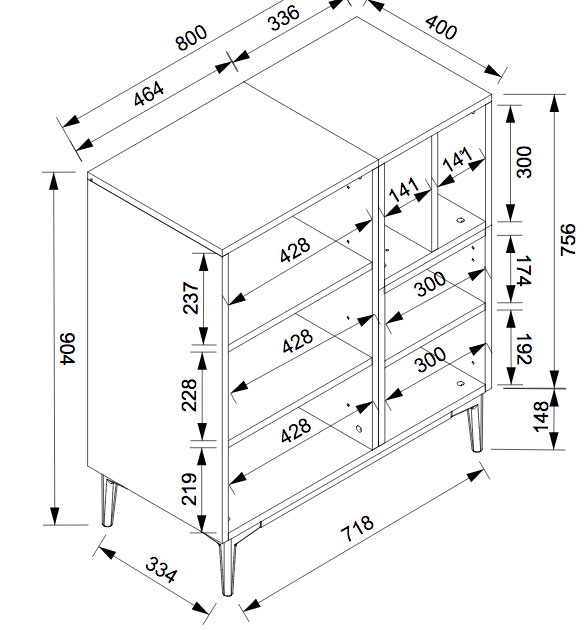 Credenza Madia moderna Glesborg con 2 ante e un vano a giorno in finitura Rovere e Nero carbone