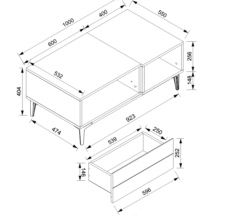 Tavolino moderno Glesborg con un cassetto e un ripiano in finitura Rovere e Nero carbone