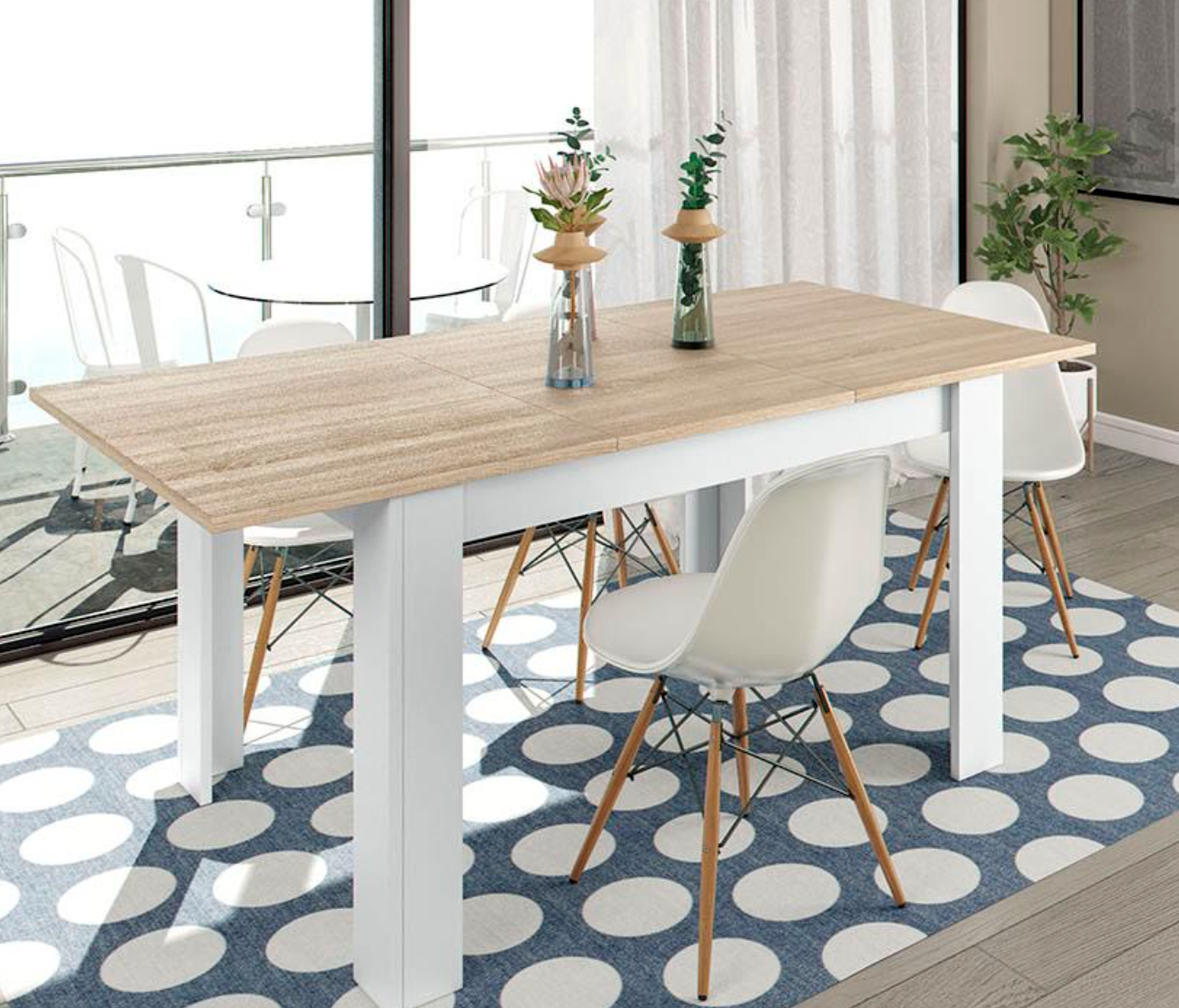 Tavolo da pranzo allungabile, finitura bianco artik e rovere canadian