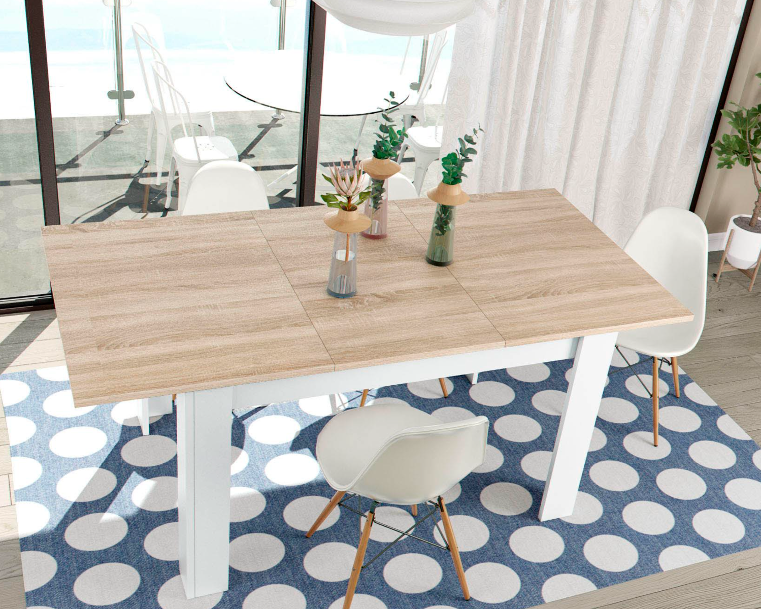 Tavolo da pranzo allungabile, finitura bianco artik e rovere canadian