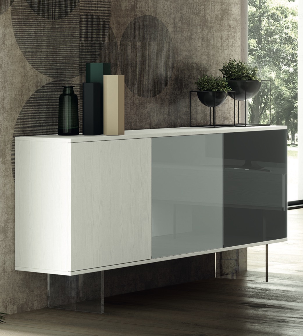 Credenze madie,Madia Orione 3 ante in finitura Frassinato bianco, Vetro grigio e Vetro antracite