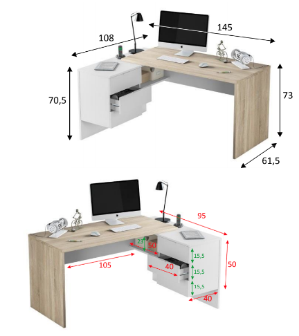 Scrivania ad angolo con cassettiera, Bianco artik e rovere canadian