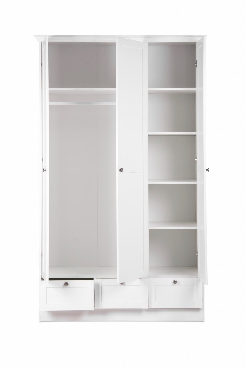 Armadio multiuso bianco a 3 ante battenti e 3 cassetti