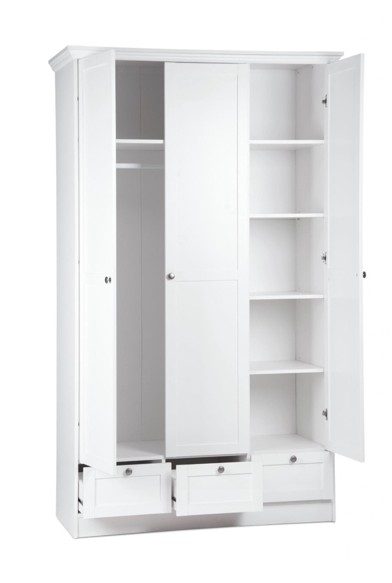 Armadio multiuso bianco a 3 ante battenti e 3 cassetti