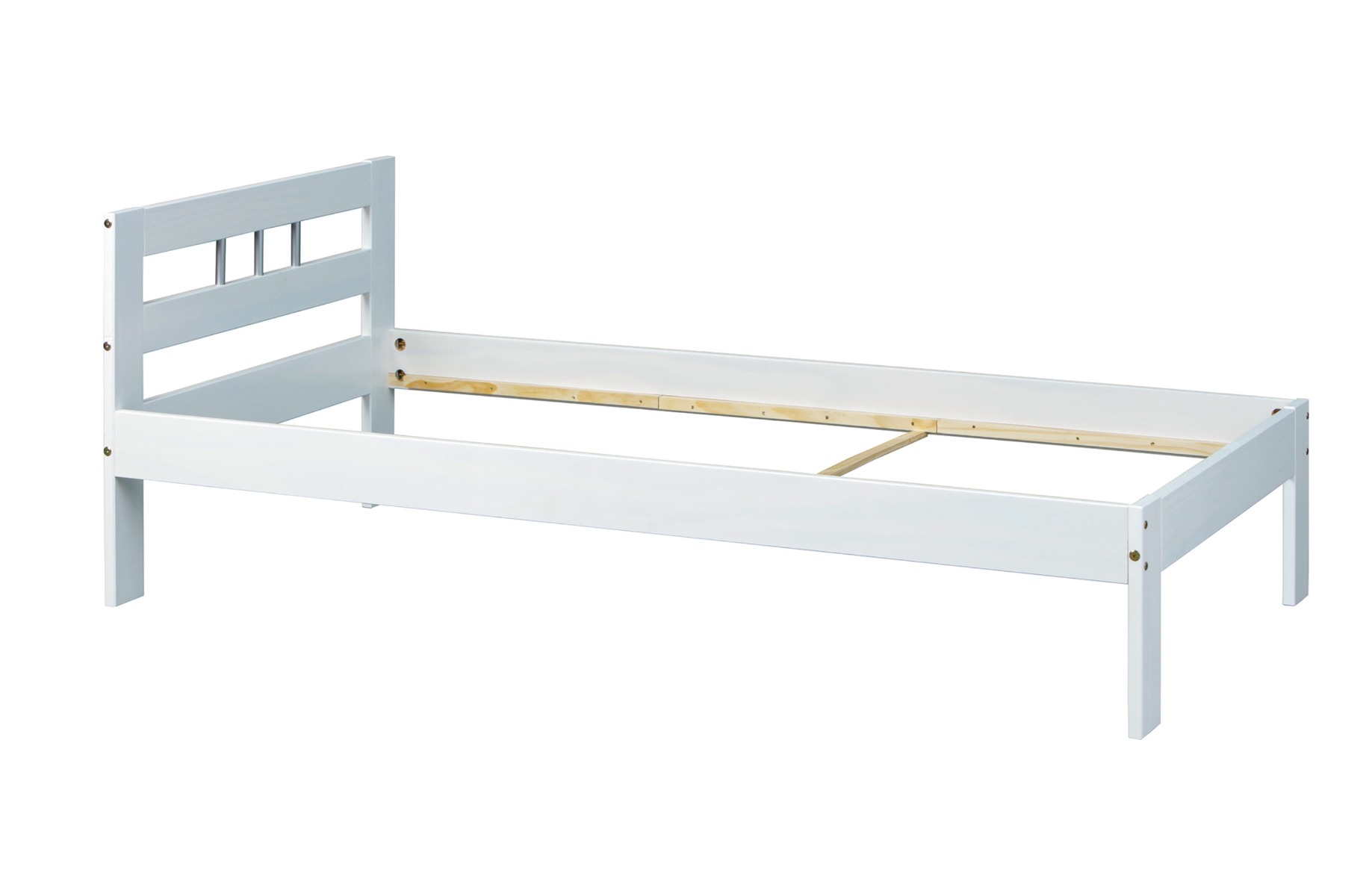 Letto in legno massello, laccato naturale, con aste colore argento