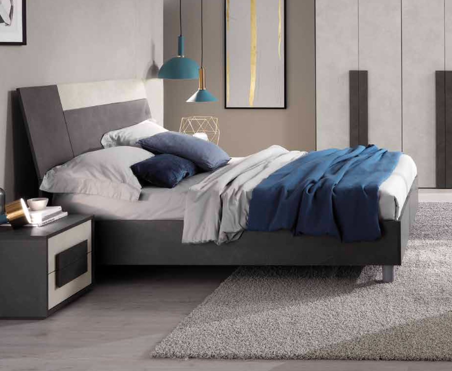 Letto matrimoniale, finitura grigio resina scuro con dettaglio chiaro, Made in Italy
