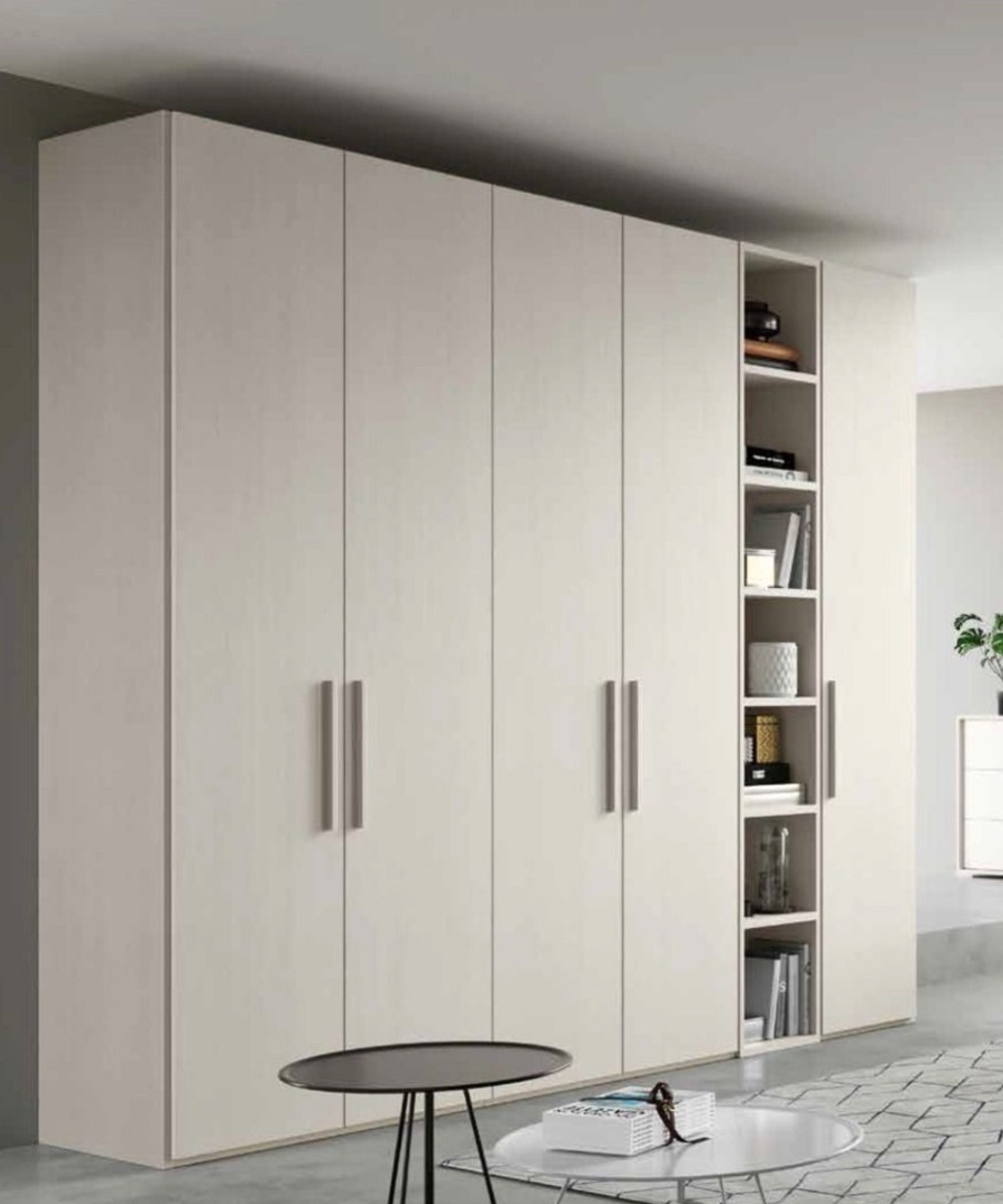 Armadio moderno con libreria, finitura larice bianco, Made in Italy