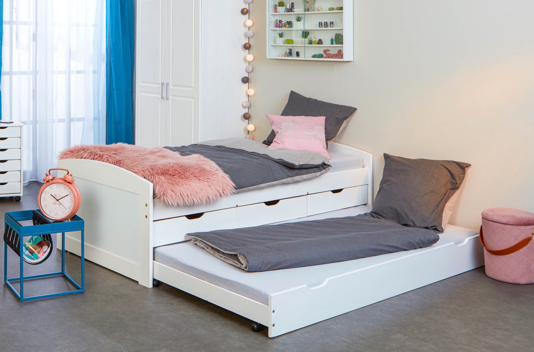 Letto in pino massello bianco o legno naturale con secondo letto e 3 cassetti