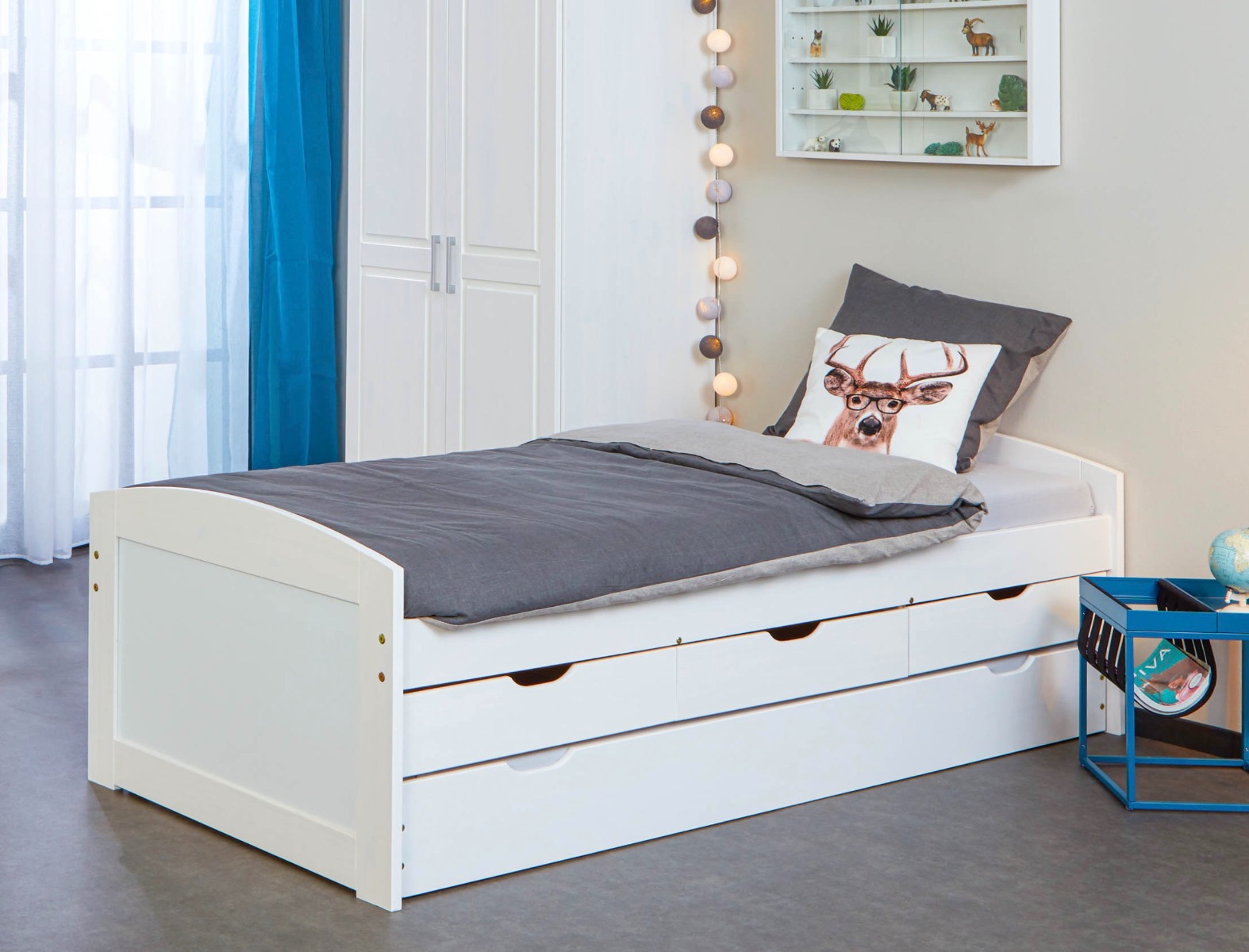 Letto in pino massello bianco o legno naturale con secondo letto e 3 cassetti